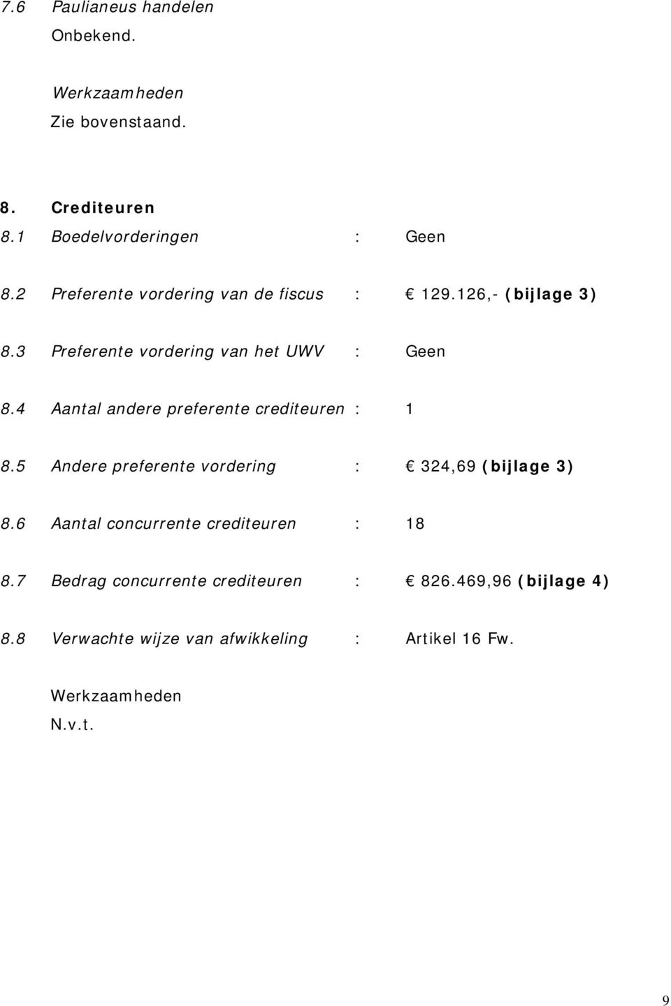 4 Aantal andere preferente crediteuren : 1 8.5 Andere preferente vordering : 324,69 (bijlage 3) 8.