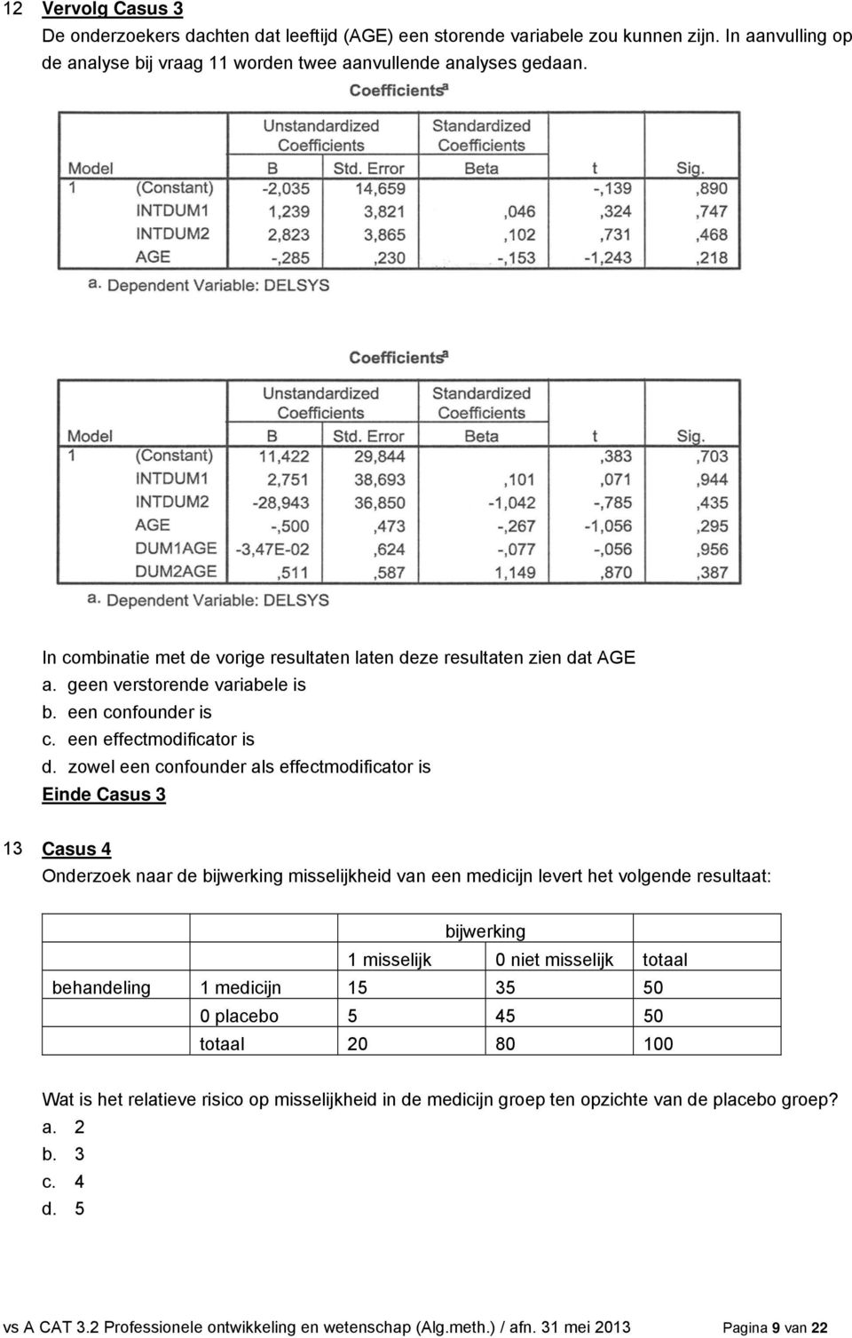 zowel een confounder als effectmodificator is Einde Casus 3 13 Casus 4 Onderzoek naar de bijwerking misselijkheid van een medicijn levert het volgende resultaat: bijwerking 1 misselijk 0 niet