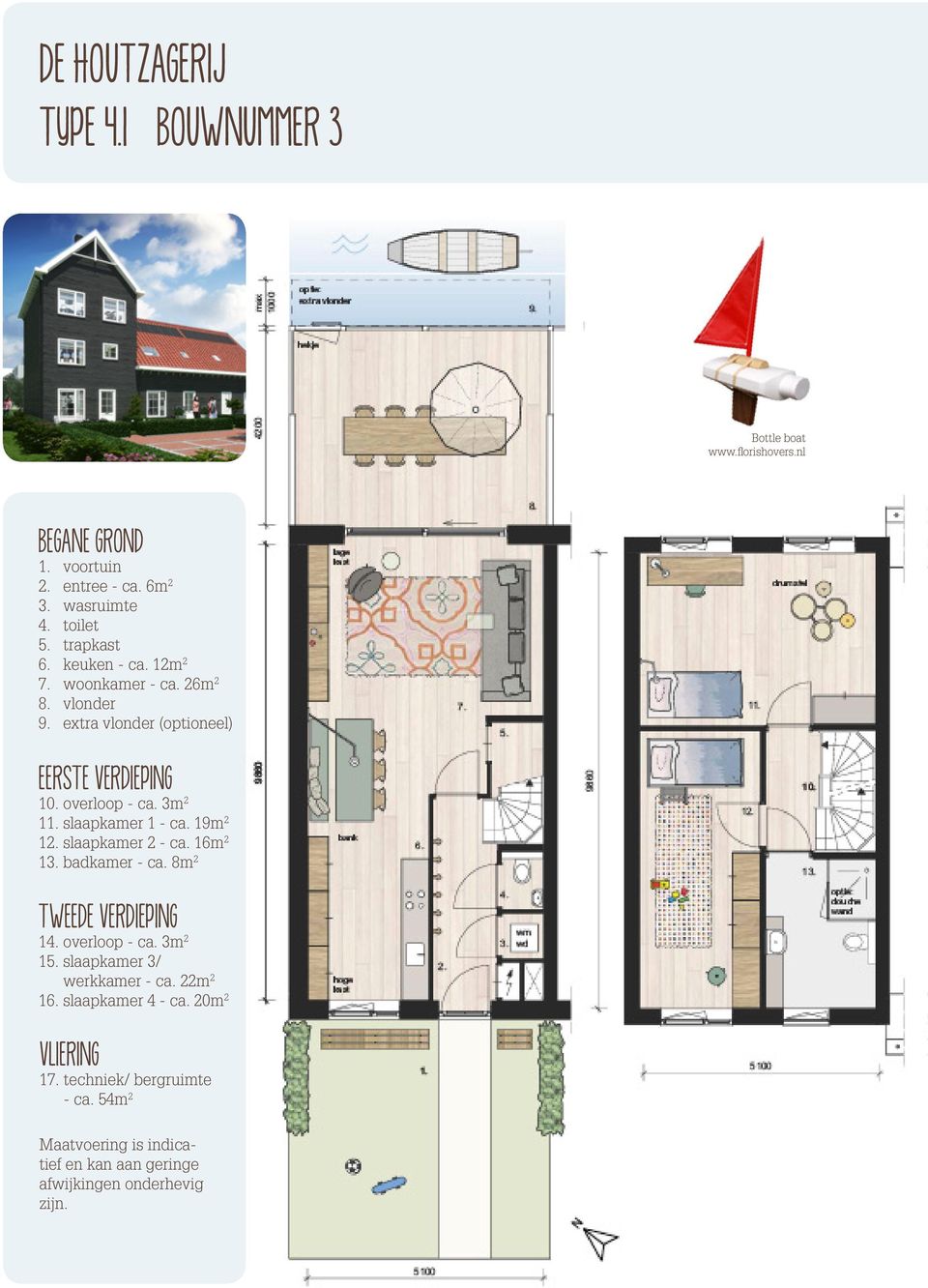 slaapkamer 1 - ca. 19m 2 12. slaapkamer 2 - ca. 16m 2 13. badkamer - ca. 8m 2 tweede verdieping 14. overloop - ca. 3m 2 15.