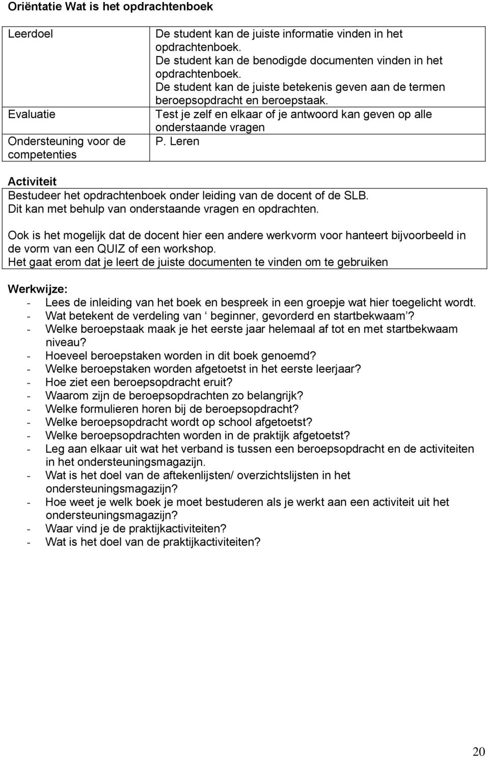 Test je zelf en elkaar of je antwoord kan geven op alle onderstaande vragen P. Leren Activiteit Bestudeer het opdrachtenboek onder leiding van de docent of de SLB.