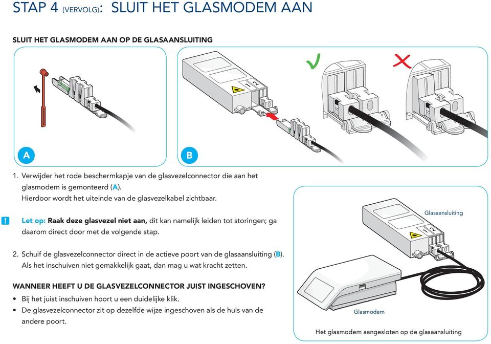 Schuif de glasvezelconnector direct in de actieve poort van de glasaansluiting (B). Als het inschuiven niet gemakkelijk gaat, dan mag u wat kracht zetten.