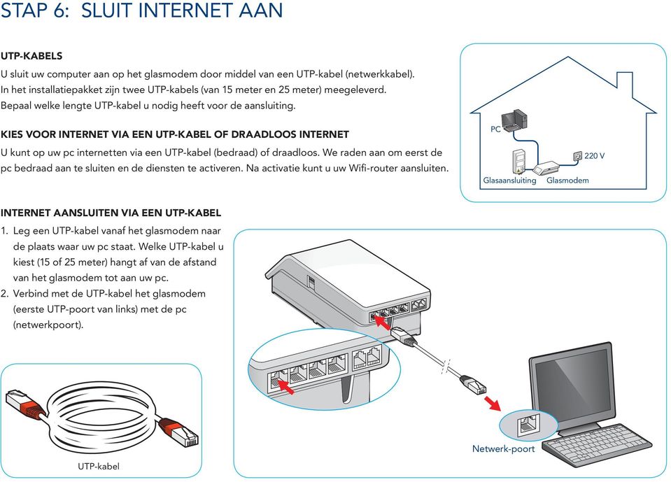 KIES VOOR INTERNET VIA EEN UTP-KABEL OF DRAADLOOS INTERNET U kunt op uw pc internetten via een UTP-kabel (bedraad) of draadloos.