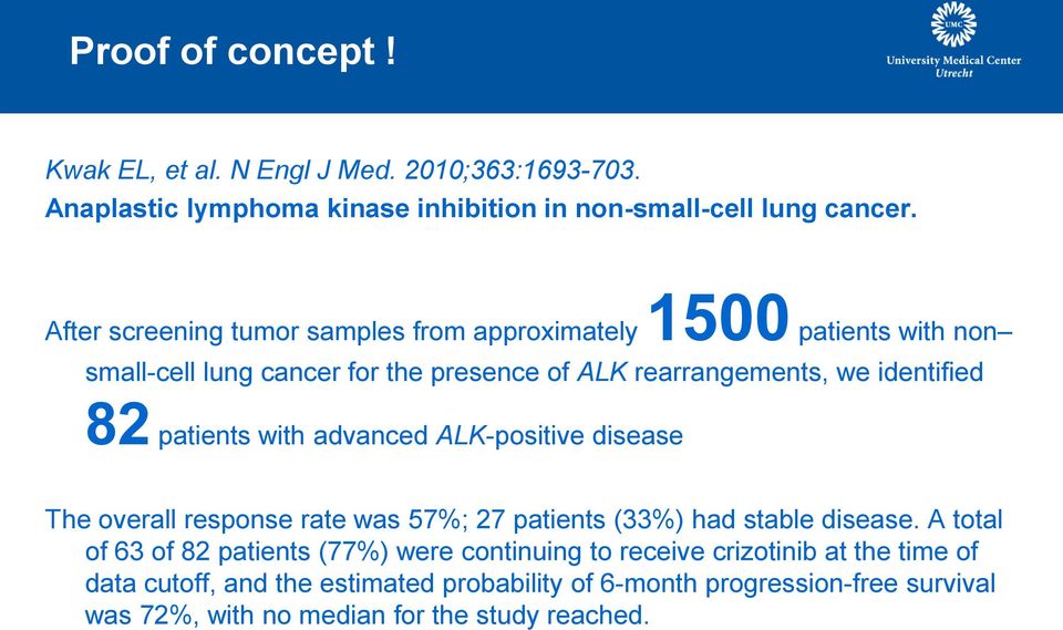 patients with advanced ALK-positive disease The overall response rate was 57%; 27 patients (33%) had stable disease.
