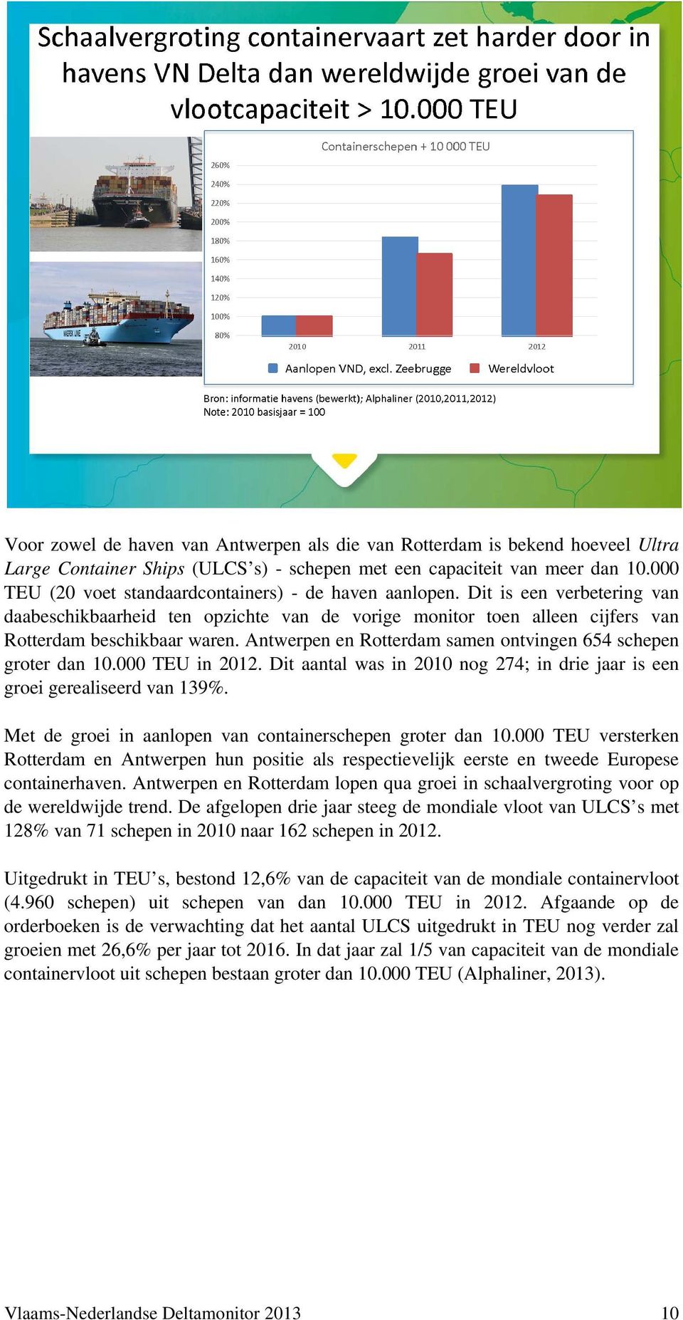 Antwerpen en Rotterdam samen ontvingen 654 schepen groter dan 10.000 TEU in 2012. Dit aantal was in 2010 nog 274; in drie jaar is een groei gerealiseerd van 139%.
