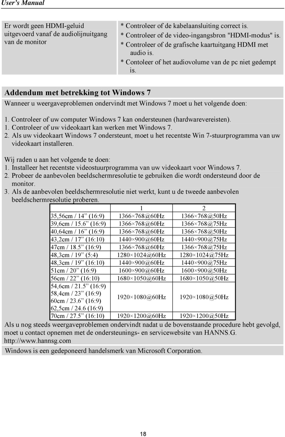 Addendum met betrekking tot Windows 7 Wanneer u weergaveproblemen ondervindt met Windows 7 moet u het volgende doen: 1. Controleer of uw computer Windows 7 kan ondersteunen (hardwarevereisten). 1. Controleer of uw videokaart kan werken met Windows 7.