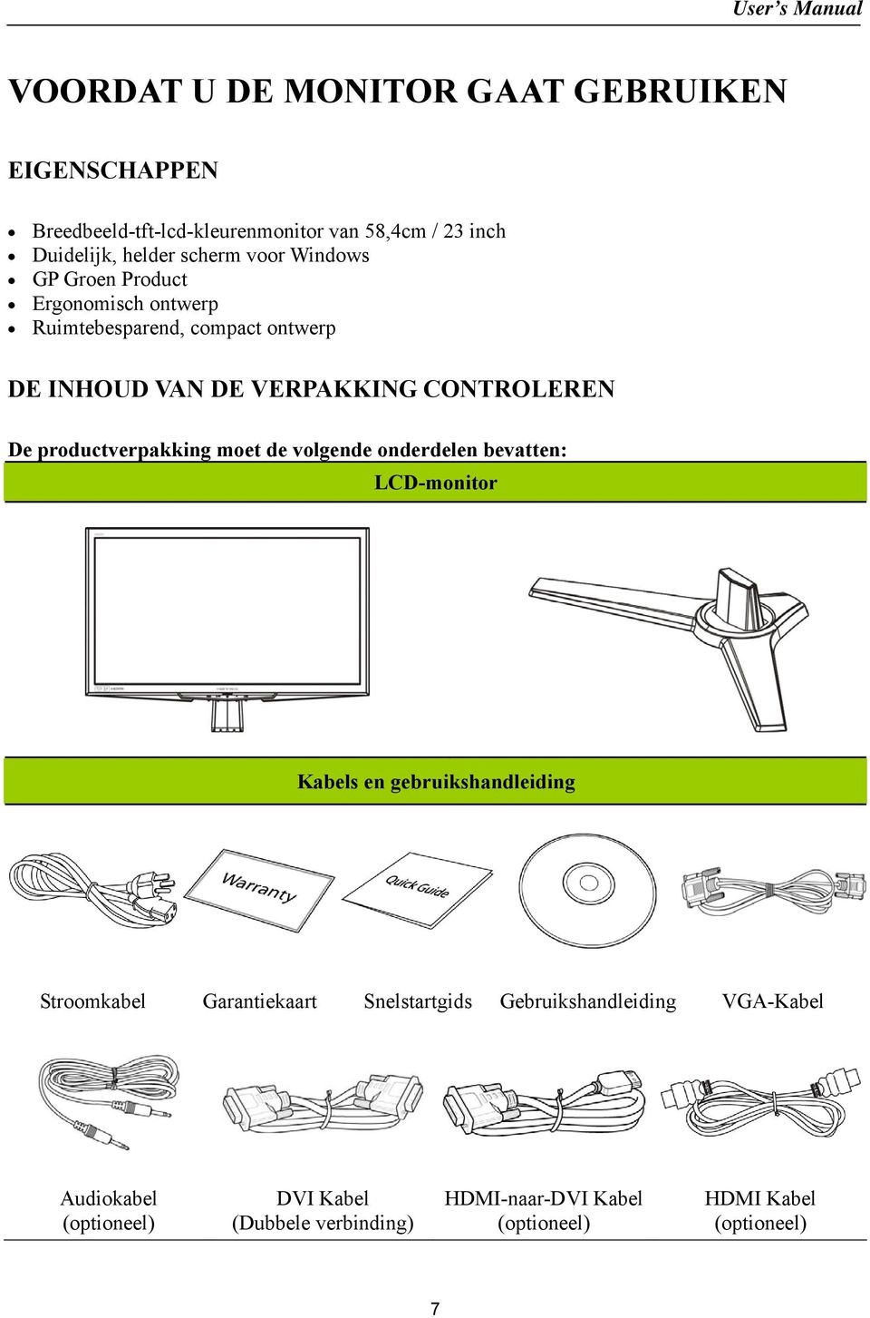 productverpakking moet de volgende onderdelen bevatten: LCD-monitor Kabels en gebruikshandleiding Stroomkabel Garantiekaart
