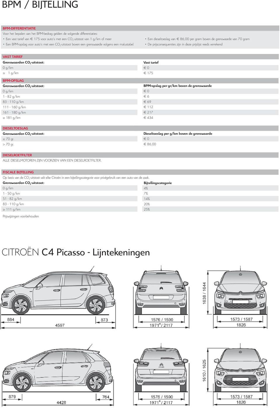 verrekend VAST TARIEF Grenswaarden CO 2 -uitstoot: 0 g/km 1 g/km PM-OPSLAG Grenswaarden CO 2 -uitstoot: 0 g/km 1-82 g/km 83-110 g/km 111-10 g/km 11-1 g/km 181 g/km Vast tarief 0 175 PM-opslag per