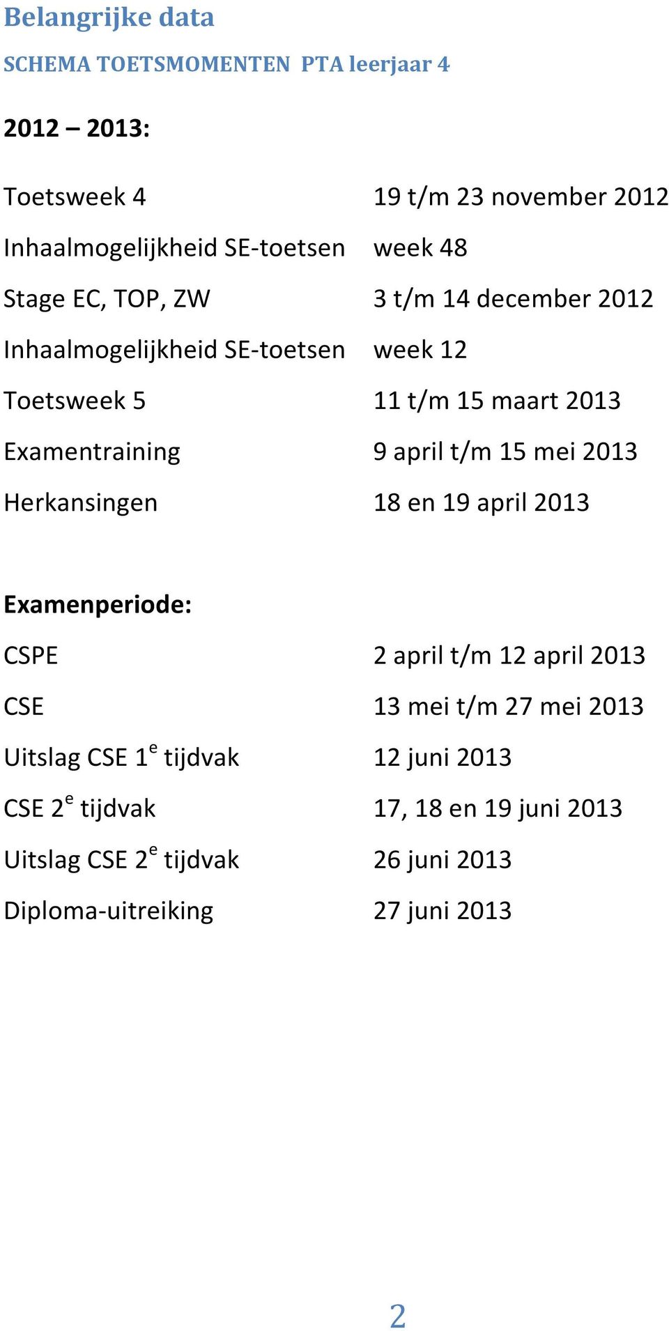 april t/m 15 mei 2013 Herkansingen 18 en 19 april 2013 Examenperiode: CSPE 2 april t/m 12 april 2013 CSE 13 mei t/m 27 mei 2013 Uitslag
