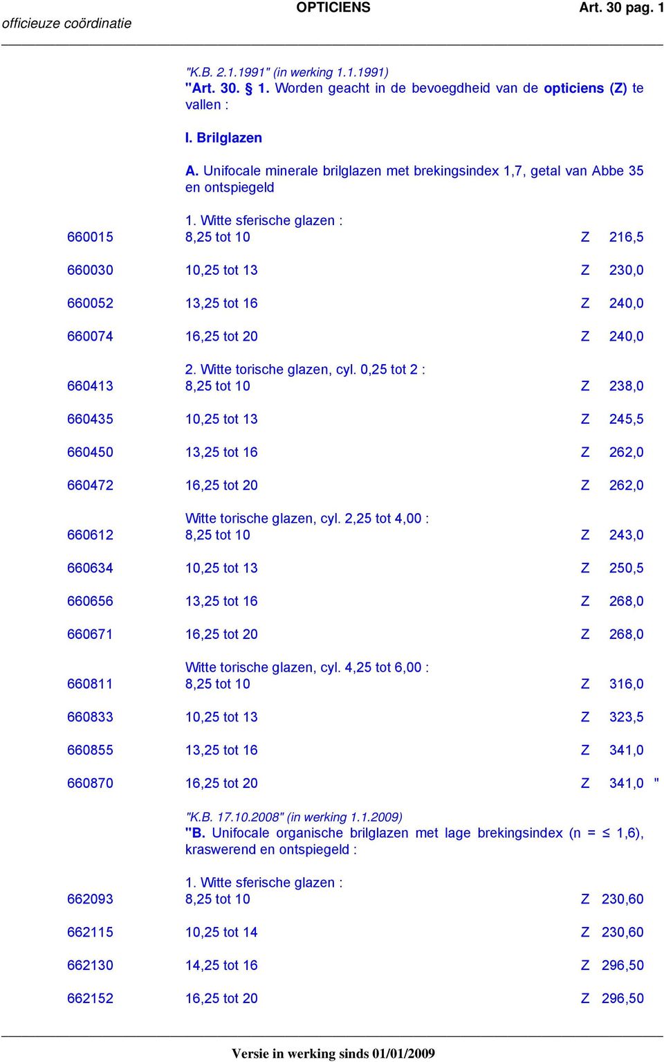 Witte sferische glazen : 660015 8,25 tot 10 Z 216,5 660030 10,25 tot 13 Z 230,0 660052 13,25 tot 16 Z 240,0 660074 16,25 tot 20 Z 240,0 2. Witte torische glazen, cyl.