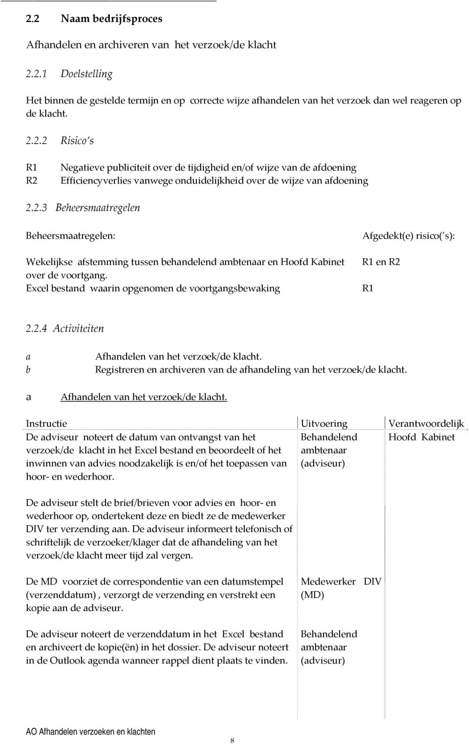 Excel bestand waarin opgenomen de voortgangsbewaking Afgedekt(e) risico( s): R1 en R2 R1 2.2.4 Activiteiten a b a Afhandelen van het verzoek/de klacht.