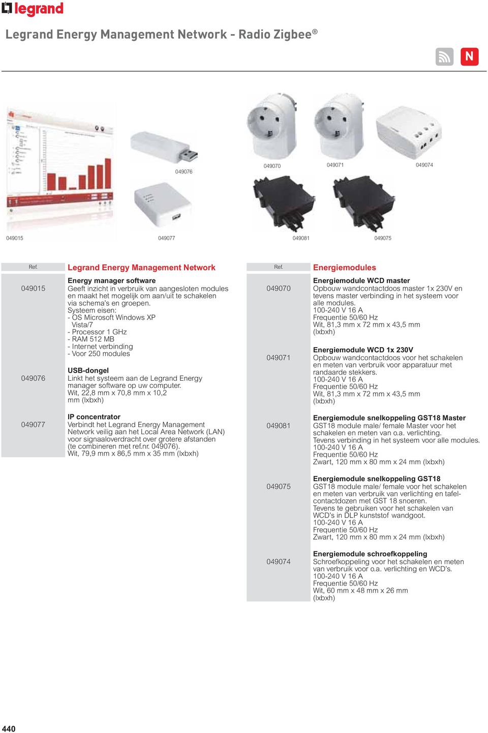 Systeem eisen: - OS Microsoft Windows XP Vista/7 - Processor 1 GHz - RAM 512 MB - Internet verbinding - Voor 250 modules USB-dongel 049076 Linkt het systeem aan de Legrand Energy manager software op