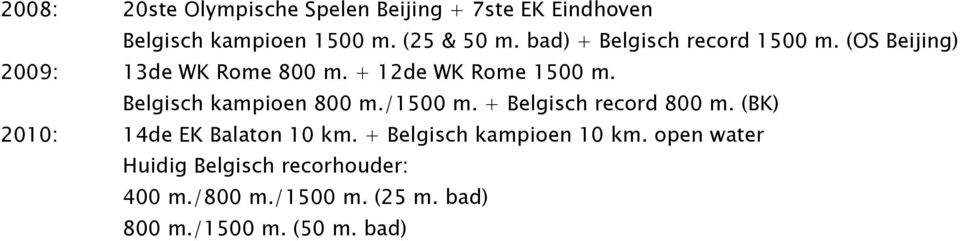Belgisch kampioen 800 m./1500 m. + Belgisch record 800 m. (BK) 2010: 14de EK Balaton 10 km.