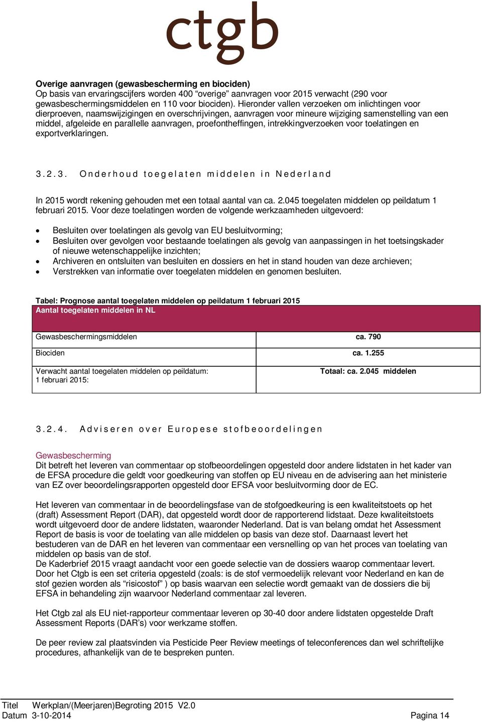 proefontheffingen, intrekkingverzoeken voor toelatingen en exportverklaringen. 3.2.3. Onderhoud toegelaten middelen in Nederland In 2015 wordt rekening gehouden met een totaal aantal van ca. 2.045 toegelaten middelen op peildatum 1 februari 2015.