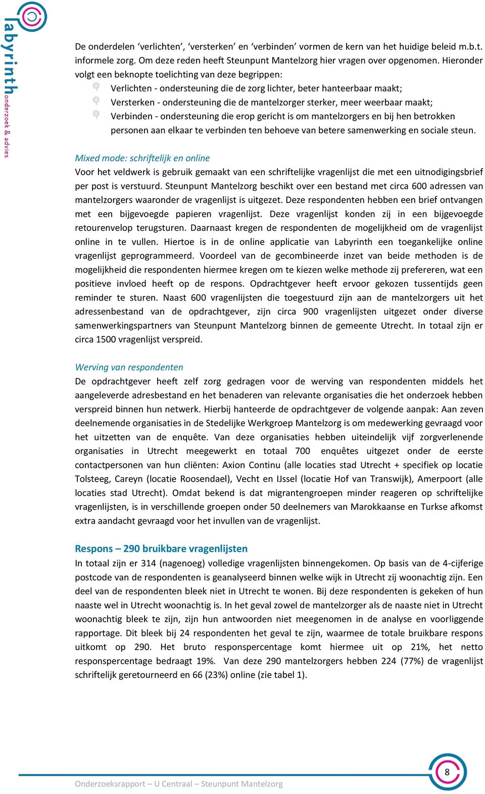 weerbaar maakt; Verbinden - ondersteuning die erop gericht is om mantelzorgers en bij hen betrokken personen aan elkaar te verbinden ten behoeve van betere samenwerking en sociale steun.