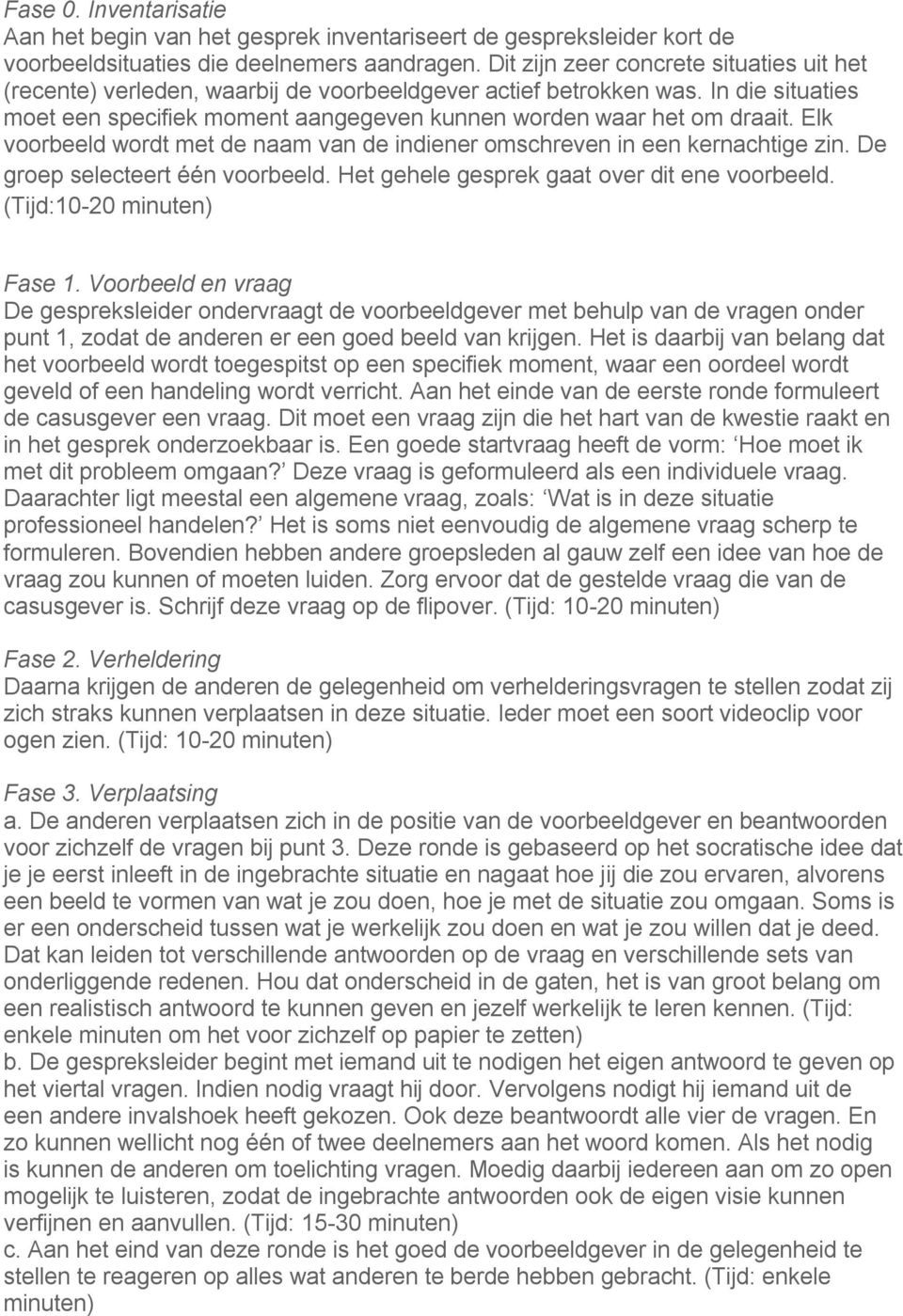 Elk voorbeeld wordt met de naam van de indiener omschreven in een kernachtige zin. De groep selecteert één voorbeeld. Het gehele gesprek gaat over dit ene voorbeeld. (Tijd:10-20 minuten) Fase 1.