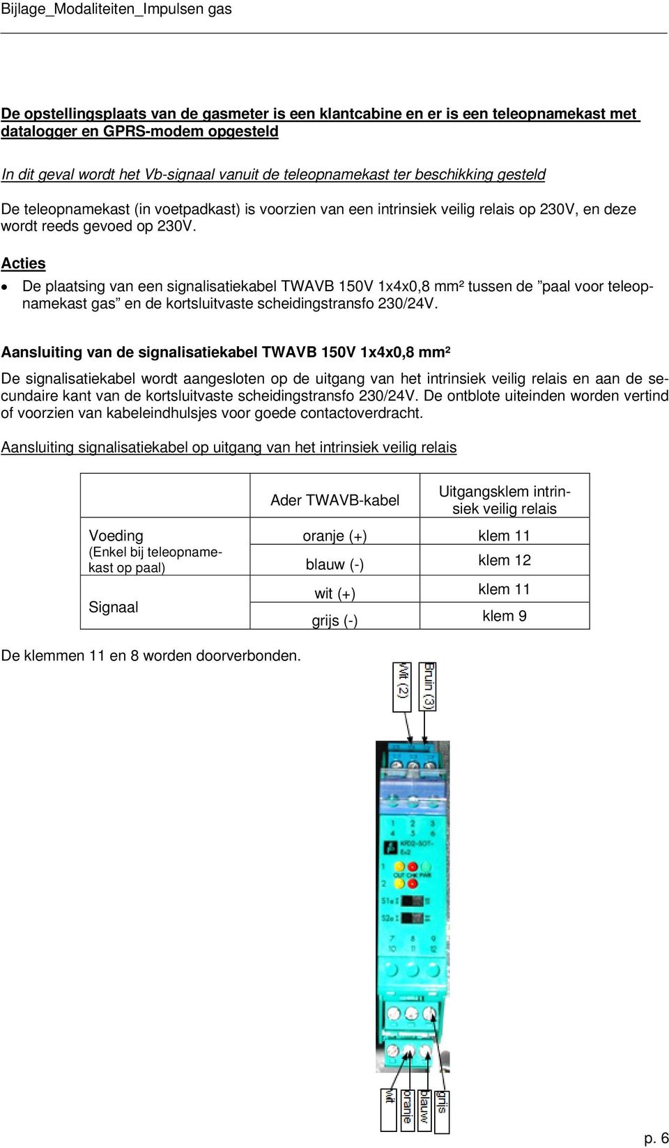 Acties De plaatsing van een signalisatiekabel TWAVB 150V 1x4x0,8 mm² tussen de paal voor teleopnamekast gas en de kortsluitvaste scheidingstransfo 230/24V.