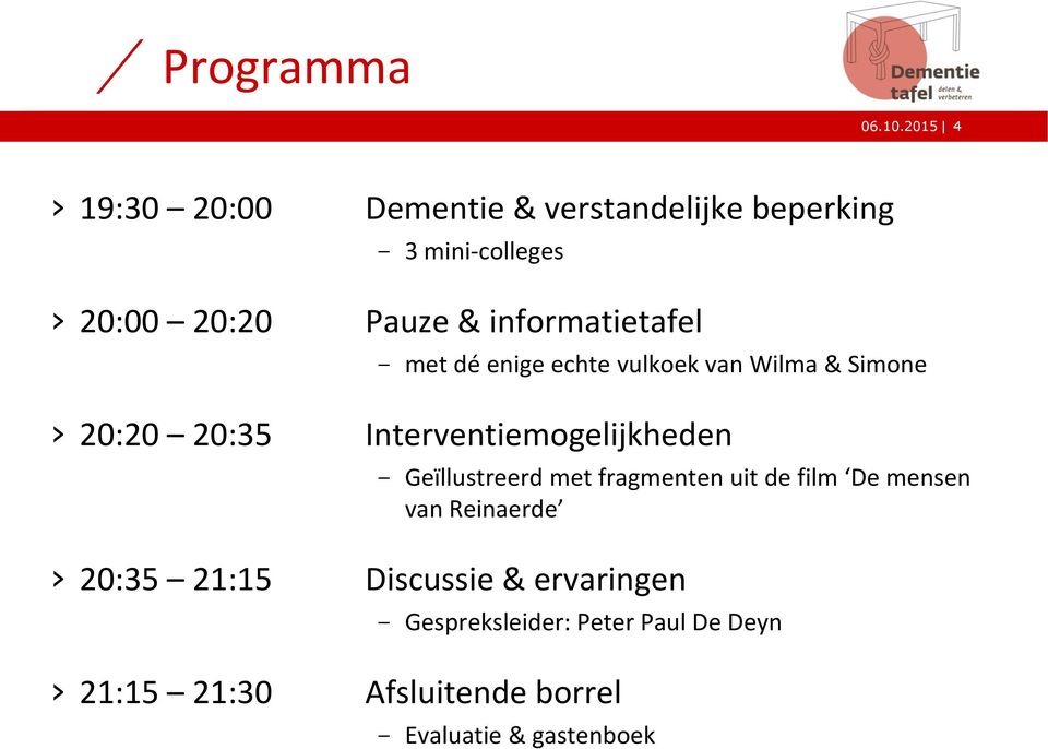 informatietafel - met dé enige echte vulkoek van Wilma & Simone 20:20 20:35 Interventiemogelijkheden