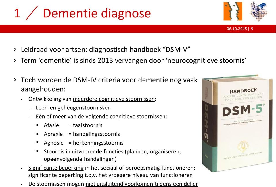 aangehouden: Ontwikkeling van meerdere cognitieve stoornissen: - Leer- en geheugenstoornissen - Eén of meer van de volgende cognitieve stoornissen: Afasie = taalstoornis Apraxie =