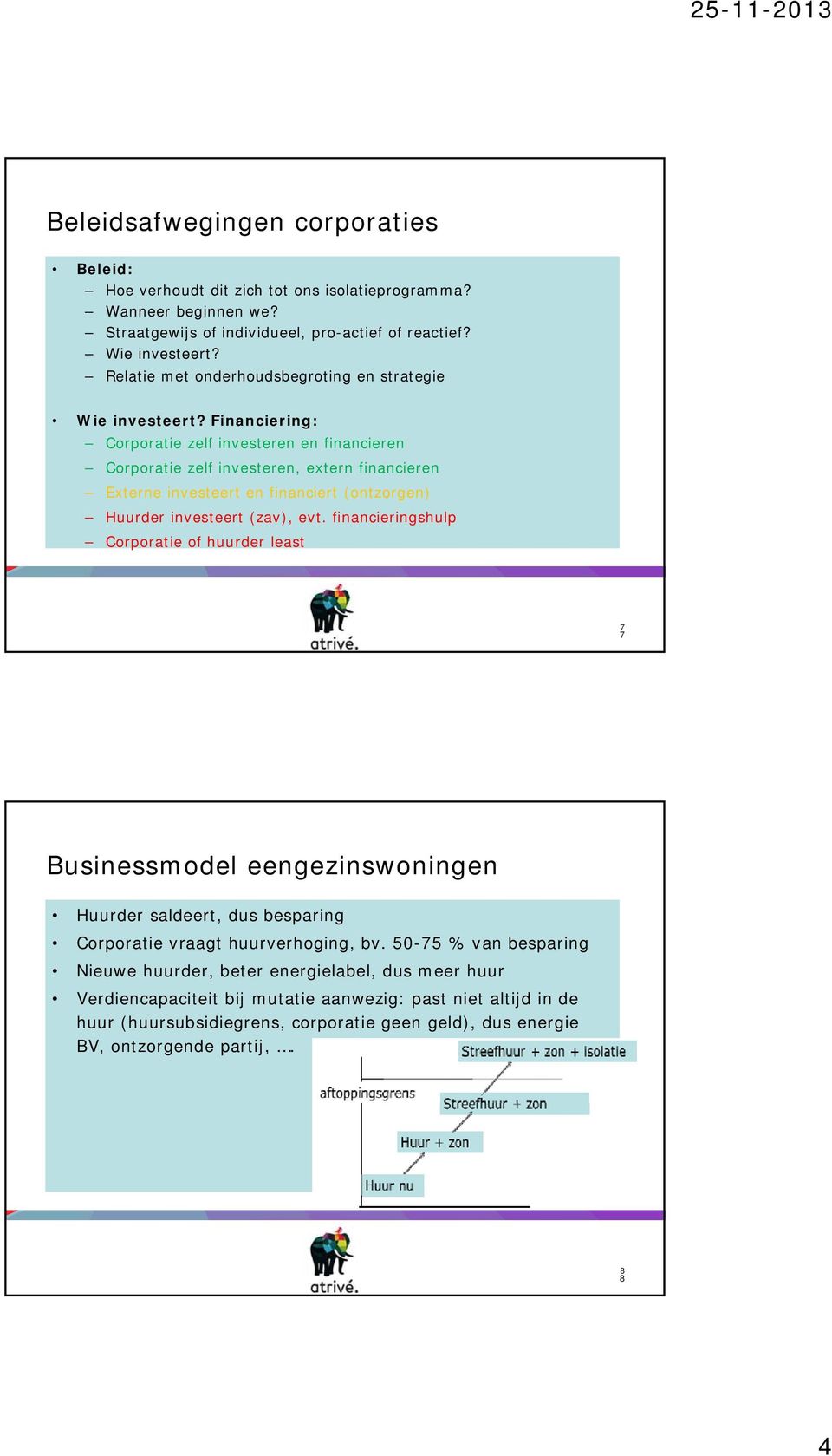 Financiering: Corporatie zelf investeren en financieren Corporatie zelf investeren, extern financieren Externe investeert en financiert (ontzorgen) Huurder investeert (zav), evt.