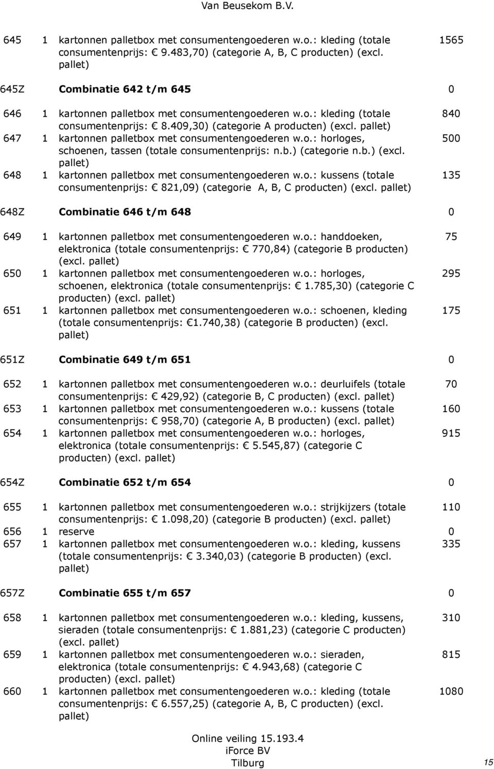 o.: horloges, schoenen, tassen (totale consumentenprijs: n.b.) (categorie n.b.) (excl. 648 1 kartonnen palletbox met consumentengoederen w.o.: kussens (totale consumentenprijs: 821,09) (categorie A, B, C 840 500 135 648Z Combinatie 646 t/m 648 0 649 1 kartonnen palletbox met consumentengoederen w.