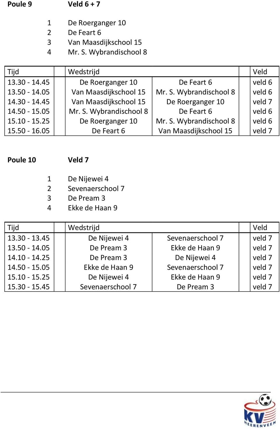 05 De Feart 6 Van Maasdijkschool 15 veld 7 Poule 10 Veld 7 1 De Nijewei 4 2 Sevenaerschool 7 3 De Pream 3 4 Ekke de Haan 9 13.30-13.45 De Nijewei 4 Sevenaerschool 7 veld 7 13.50-14.