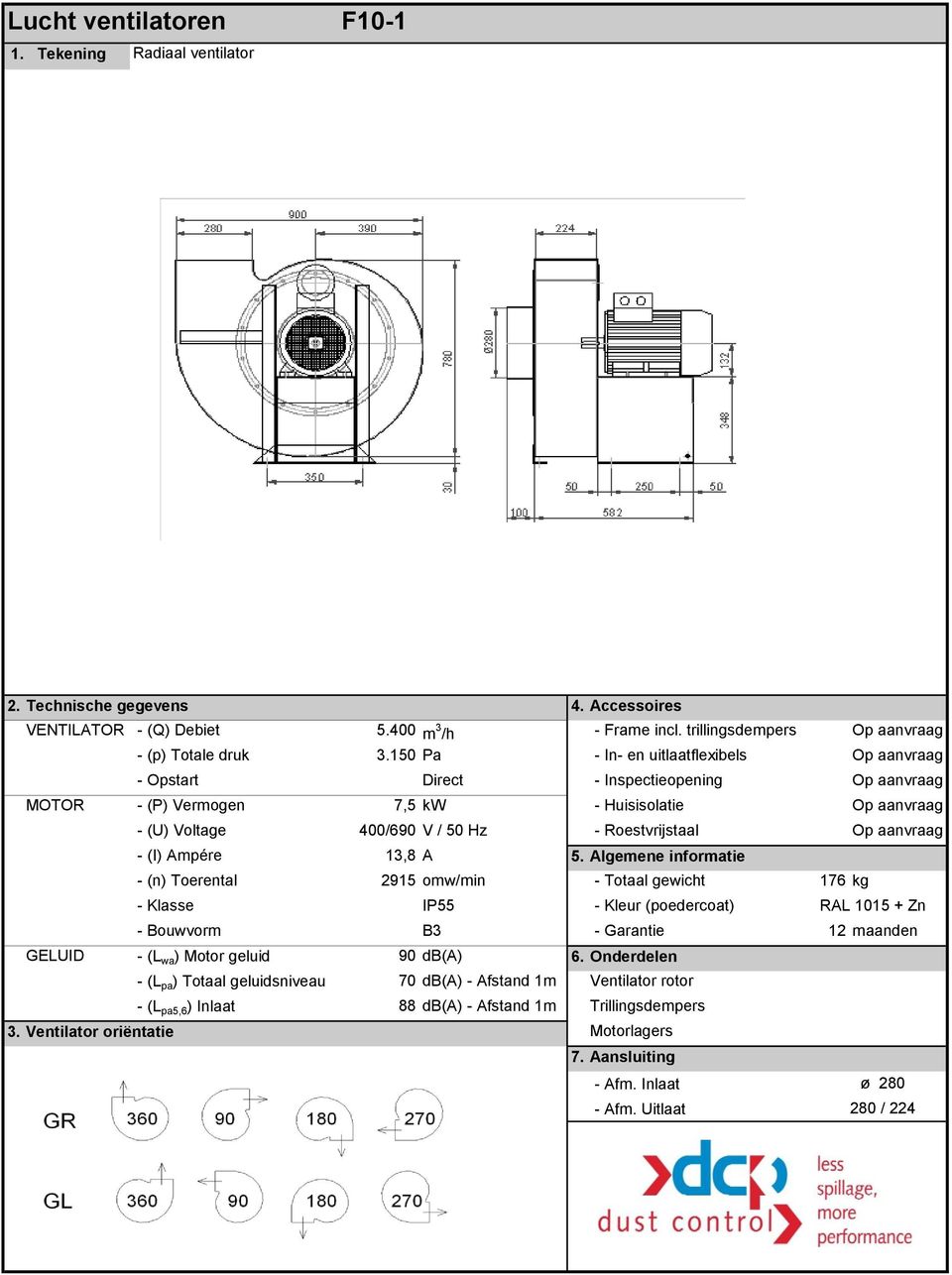 Algemene informatie - (n) Toerental 2915 omw/min - Totaal gewicht 176 kg GELUID - (L wa ) Motor geluid 90 db(a) 6.