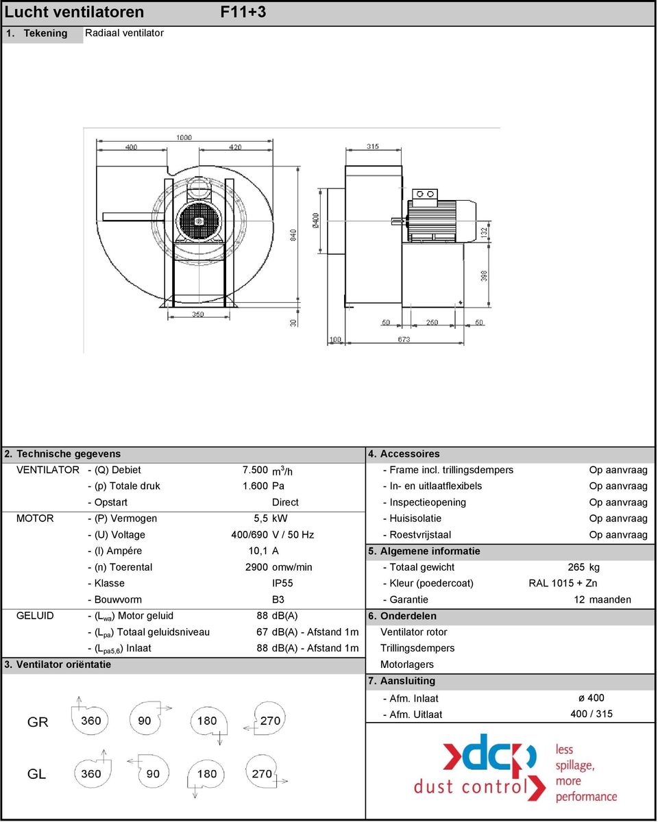 Algemene informatie - (n) Toerental 2900 omw/min - Totaal gewicht 265 kg GELUID - (L wa ) Motor geluid 88 db(a) 6.