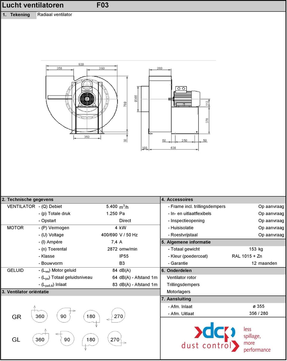 Algemene informatie - (n) Toerental 2872 omw/min - Totaal gewicht 153 kg GELUID - (L wa ) Motor geluid 84 db(a) 6.