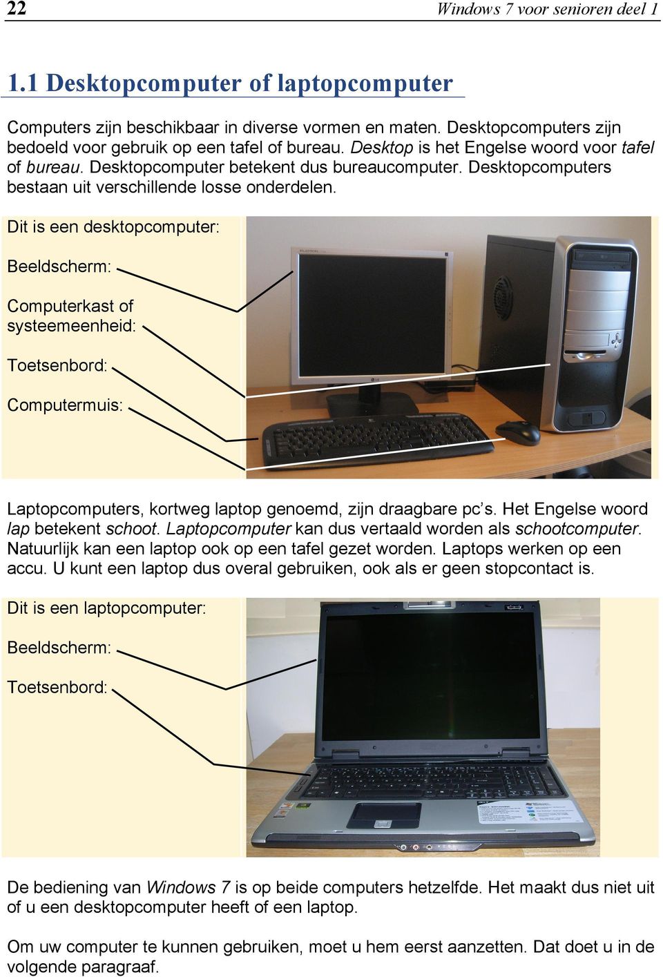 Dit is een desktopcomputer: Beeldscherm: Computerkast of systeemeenheid: Toetsenbord: Computermuis: Laptopcomputers, kortweg laptop genoemd, zijn draagbare pc s. Het Engelse woord lap betekent schoot.