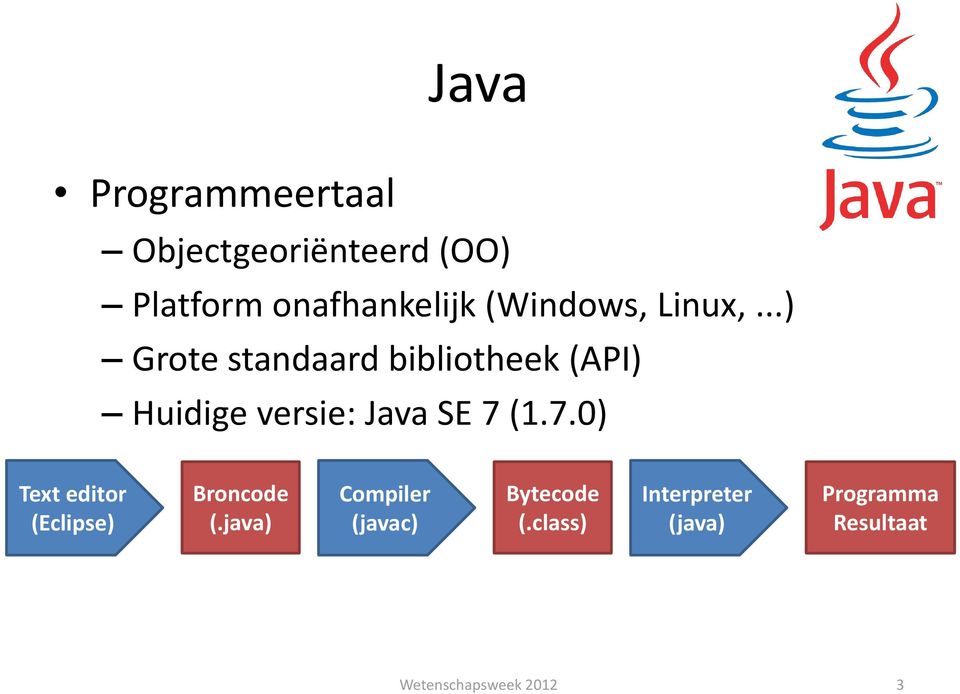 ..) Grote standaard bibliotheek (API) Huidige versie: Java SE 7 