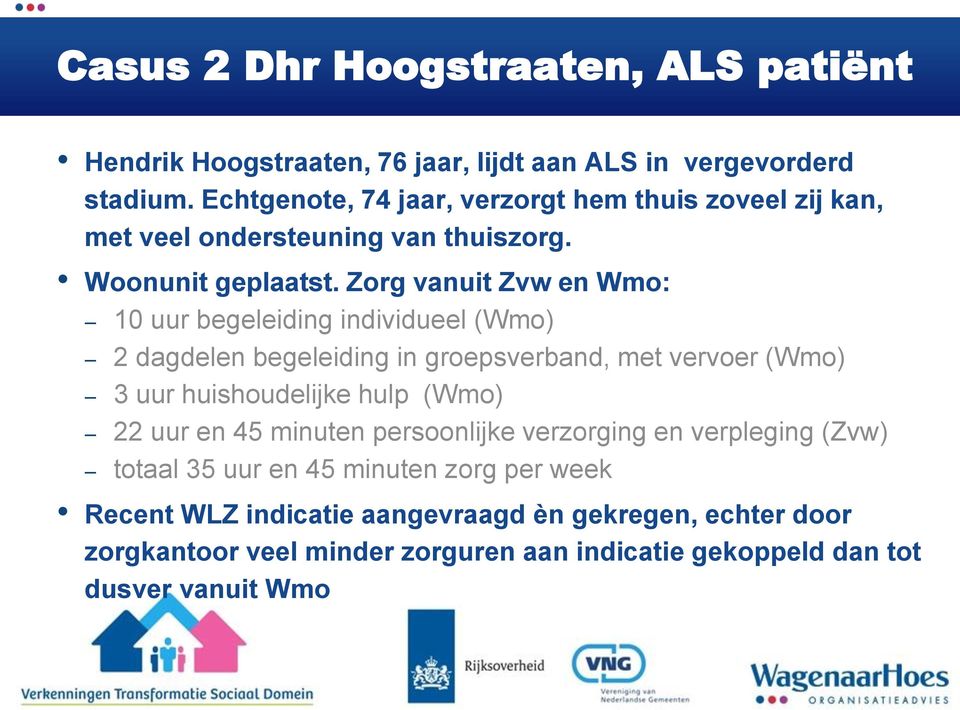 Zorg vanuit Zvw en Wmo: 10 uur begeleiding individueel (Wmo) 2 dagdelen begeleiding in groepsverband, met vervoer (Wmo) 3 uur huishoudelijke hulp (Wmo) 22