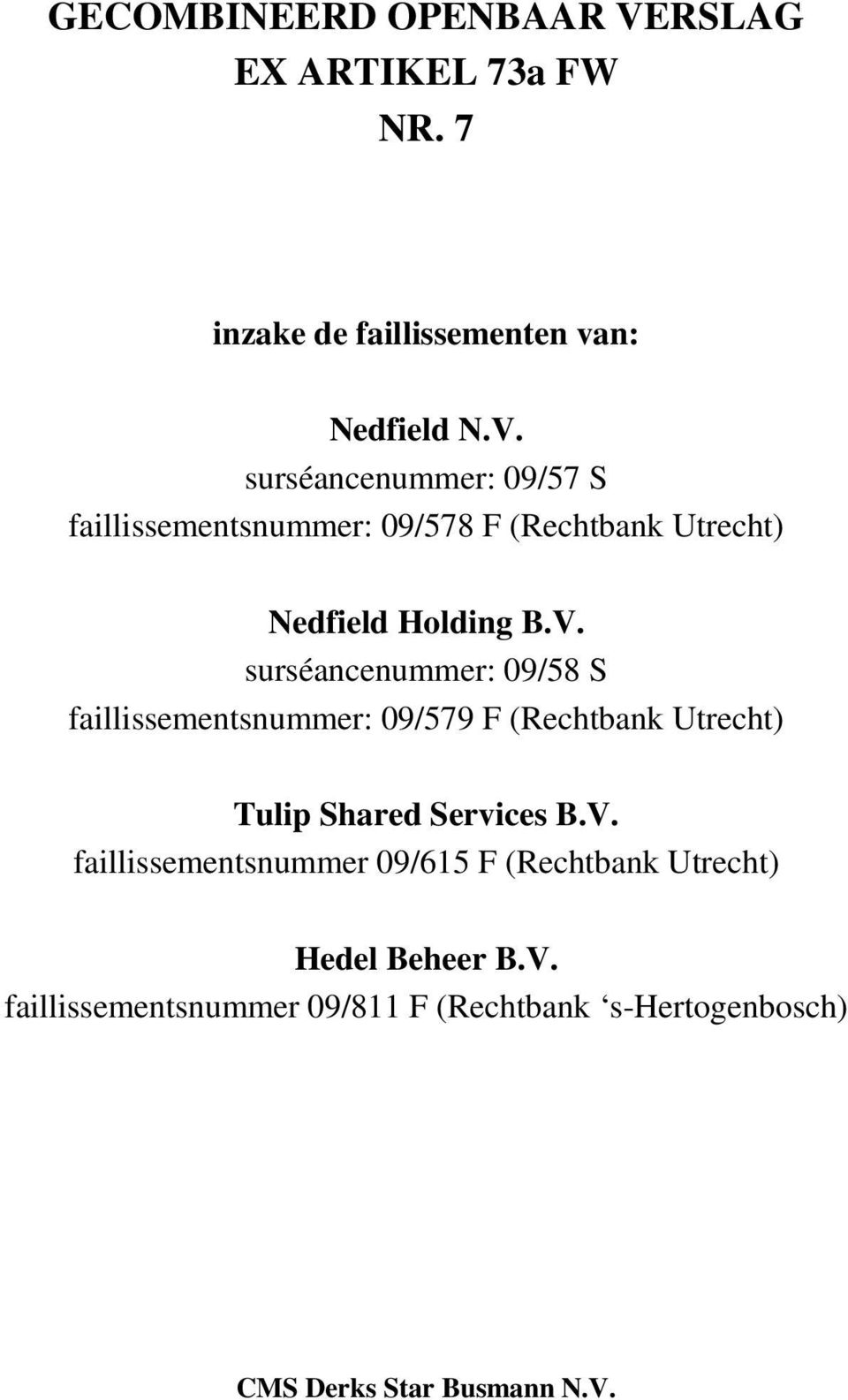 surséancenummer: 09/57 S faillissementsnummer: 09/578 F (Rechtbank Utrecht) Nedfield Holding B.V.