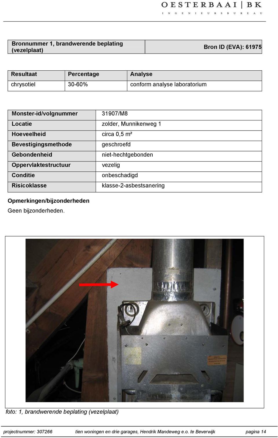 niet-hechtgebonden Oppervlaktestructuur vezelig Conditie onbeschadigd Risicoklasse klasse-2-asbestsanering Opmerkingen/bijzonderheden Geen
