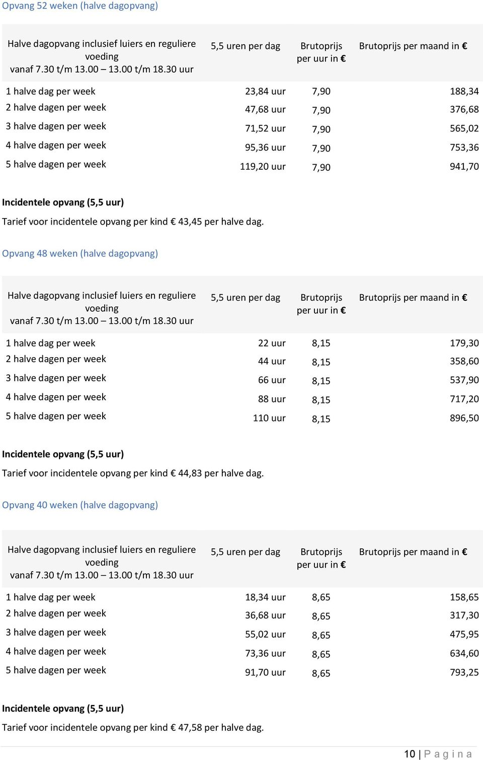 uur 7,90 753,36 5 halve dagen per week 119,20 uur 7,90 941,70 Incidentele opvang (5,5 uur) Tarief voor incidentele opvang per kind 43,45 per halve dag.