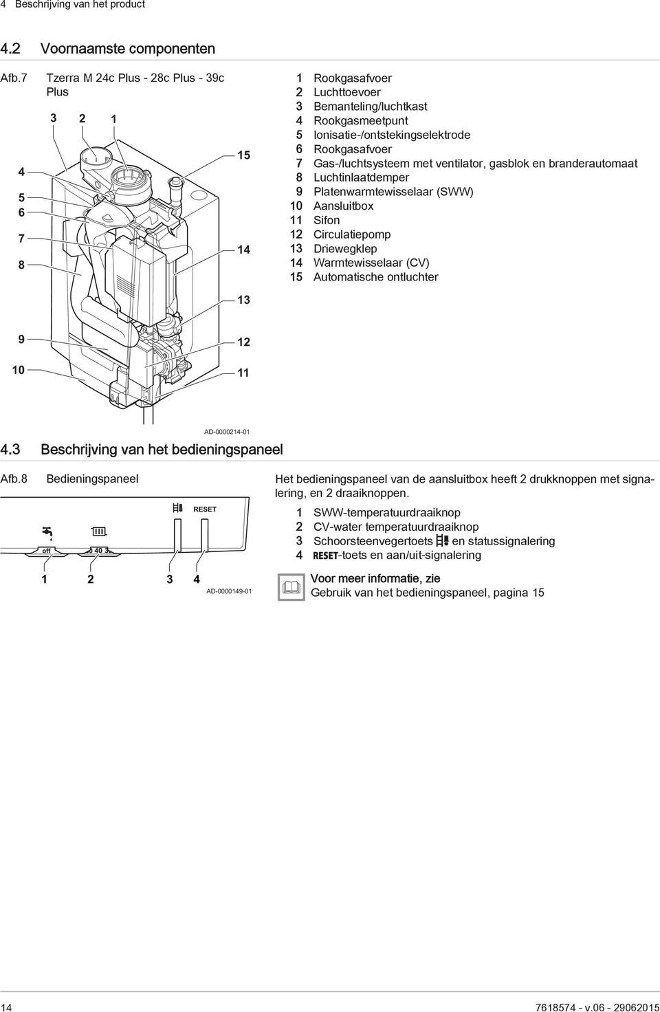 Gas-/luchtsysteem met ventilator, gasblok en branderautomaat 8 Luchtinlaatdemper 9 Platenwarmtewisselaar (SWW) 10 Aansluitbox 11 Sifon 12 Circulatiepomp 13 Driewegklep 14 Warmtewisselaar (CV) 15