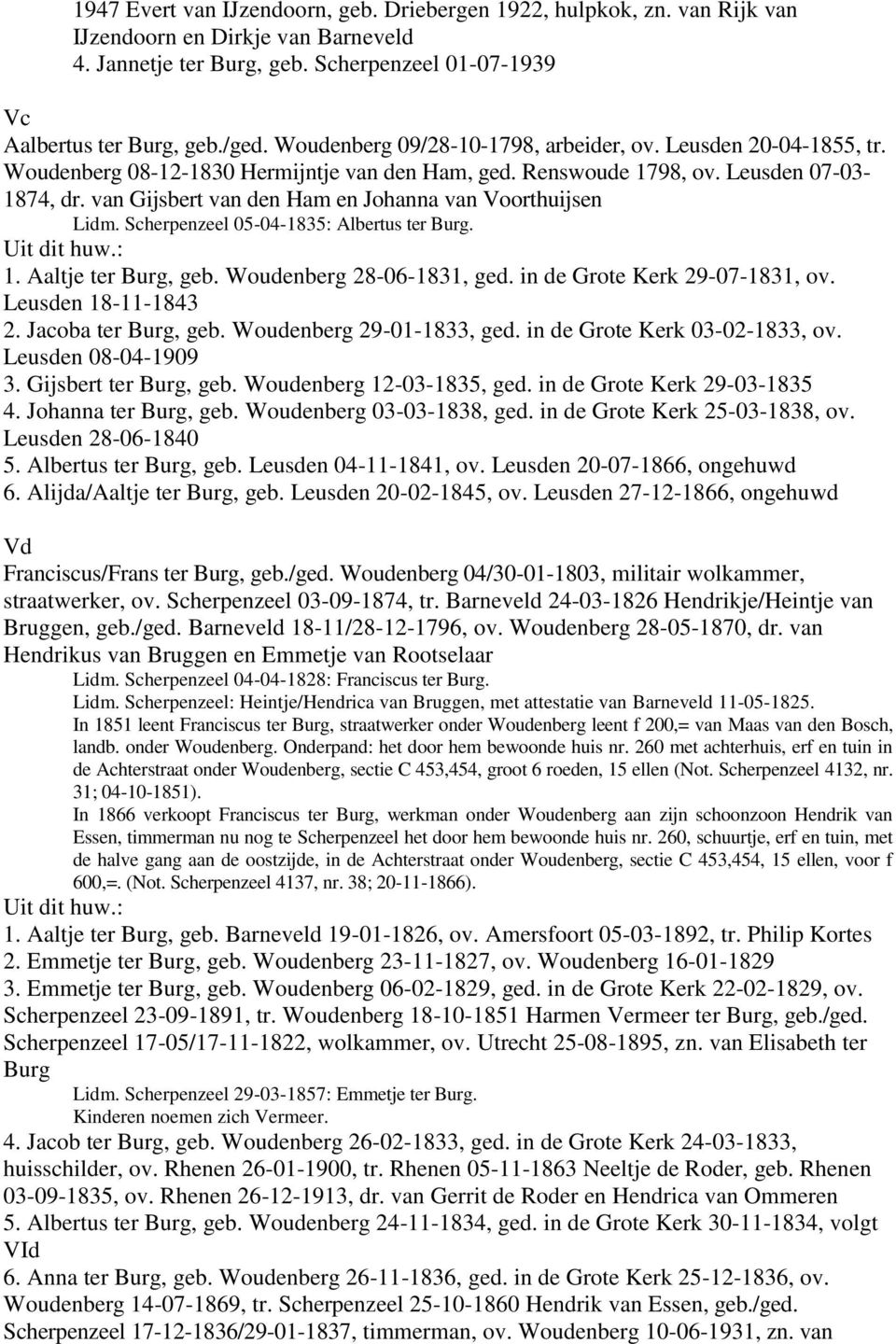 van Gijsbert van den Ham en Johanna van Voorthuijsen Lidm. Scherpenzeel 05-04-1835: Albertus ter Burg. 1. Aaltje ter Burg, geb. Woudenberg 28-06-1831, ged. in de Grote Kerk 29-07-1831, ov.