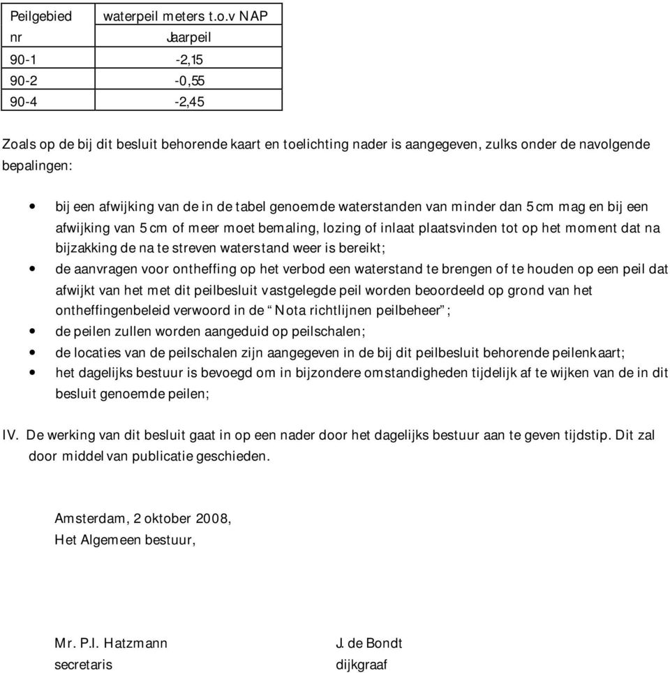 tabel genoemde waterstanden van minder dan 5 cm mag en bij een afwijking van 5 cm of meer moet bemaling, lozing of inlaat plaatsvinden tot op het moment dat na bijzakking de na te streven waterstand