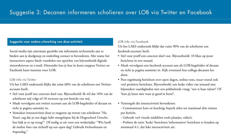 Hieronder lees je hoe in korte stappen Twitter en Facebook kunt inzetten voor LOB. LOB-info via Twitter Uit het LAKS onderzoek blijkt dat ruim 60% van de scholieren een Twitteraccount heeft.