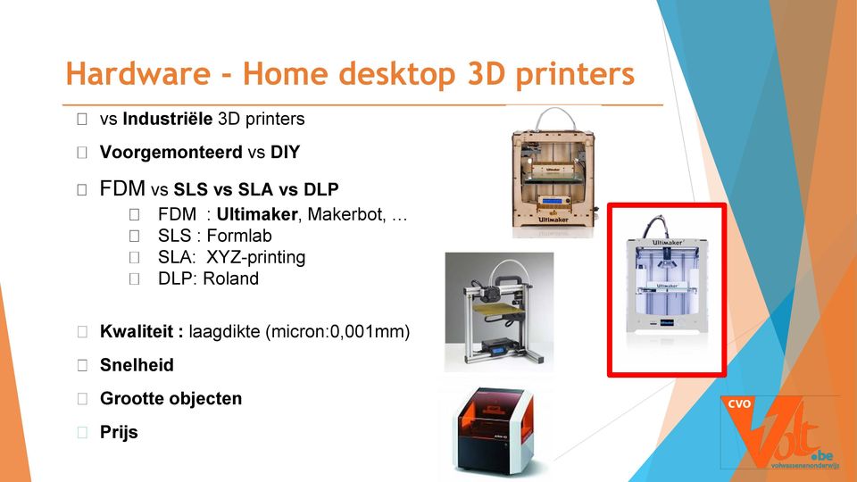 Ultimaker, Makerbot, SLS : Formlab SLA: XYZ-printing DLP: