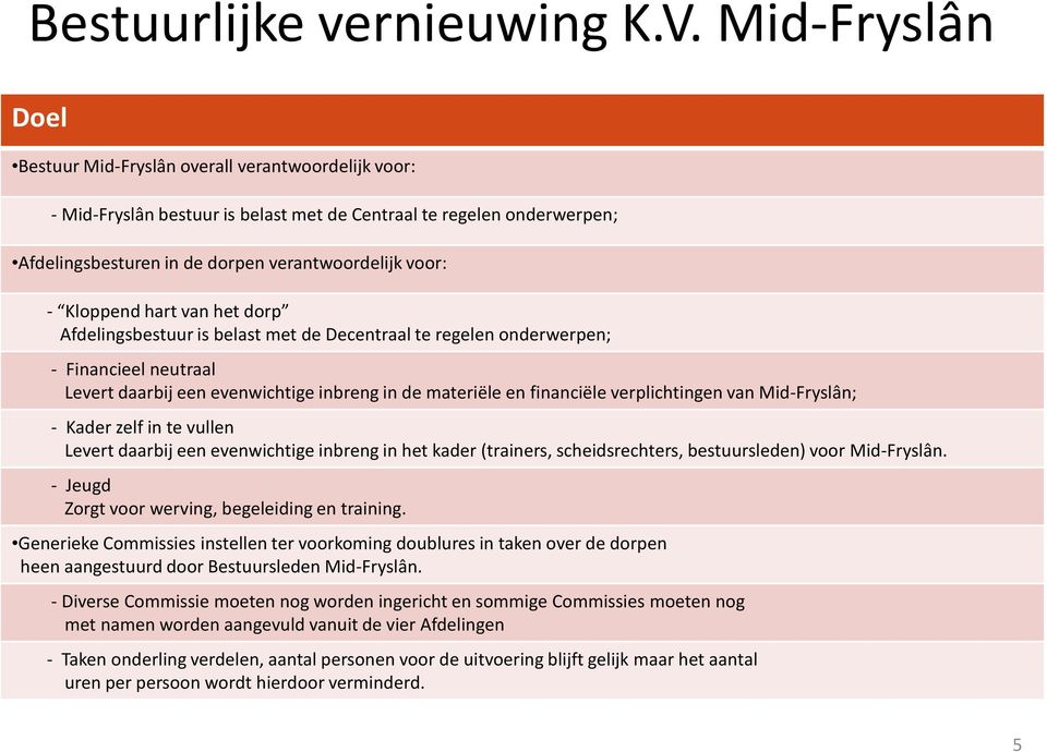 Mid-Fryslân; - Kader zelfin te vullen Levert daarbij een evenwichtige inbreng in het kader (trainers, scheidsrechters, bestuursleden) voor Mid-Fryslân.