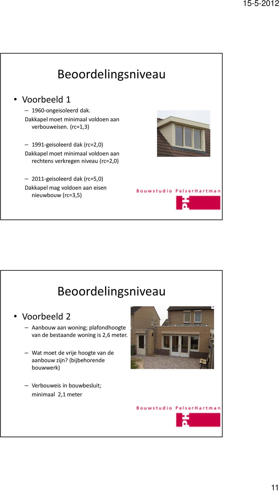 (rc=5,0) Dakkapel mag voldoen aan eisen nieuwbouw (rc=3,5) Voorbeeld 2 Beoordelingsniveau Aanbouw aan woning; plafondhoogte van