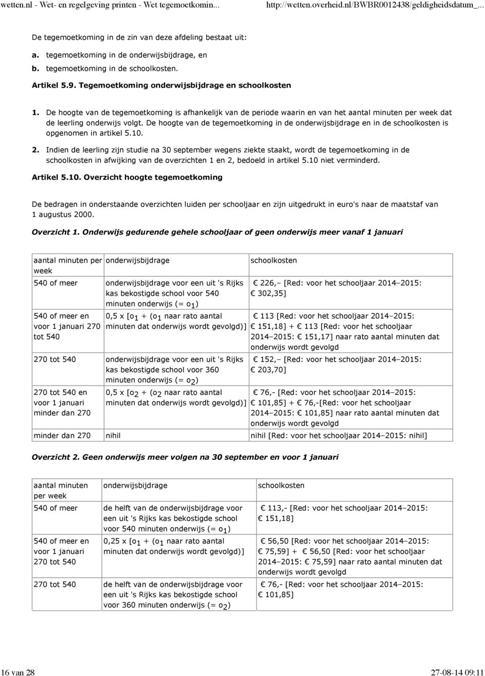 De hoogte van de tegemoetkoming in de onderwijsbijdrage en in de schoolkosten is opgenomen in artikel 5.10.