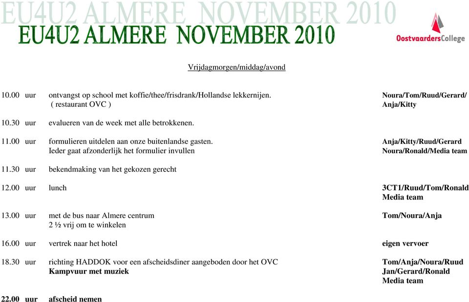 30 uur bekendmaking van het gekozen gerecht 12.00 uur lunch 3CT1/Ruud/Tom/Ronald Media team 13.00 uur met de bus naar Almere centrum Tom/Noura/Anja 2 ½ vrij om te winkelen 16.