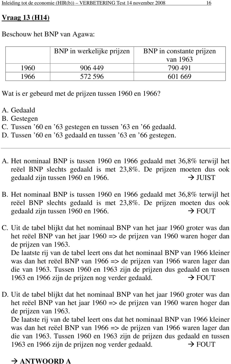 Tussen 60 en 63 gedaald en tussen 63 en 66 gestegen. A. Het nominaal BNP is tussen 1960 en 1966 gedaald met 36,8% terwijl het reëel BNP slechts gedaald is met 23,8%.