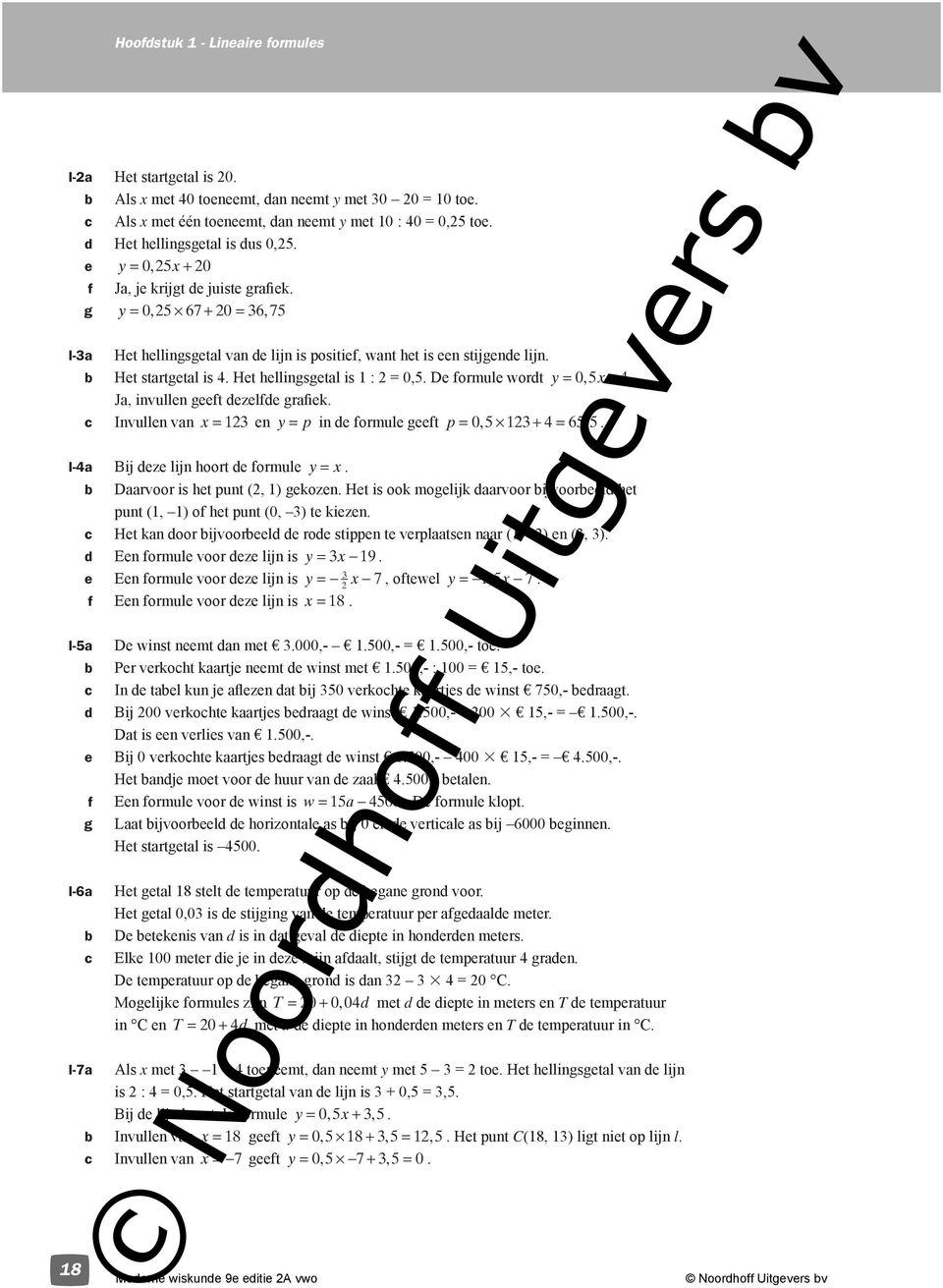 Ja, invullen geeft dezelfde grafiek. Invullen van x = 3 en y= p in de formule geeft p = 5, 3 + = 55,. I-a Bij deze lijn hoort de formule y= x. Daarvoor is het punt (, ) gekozen.