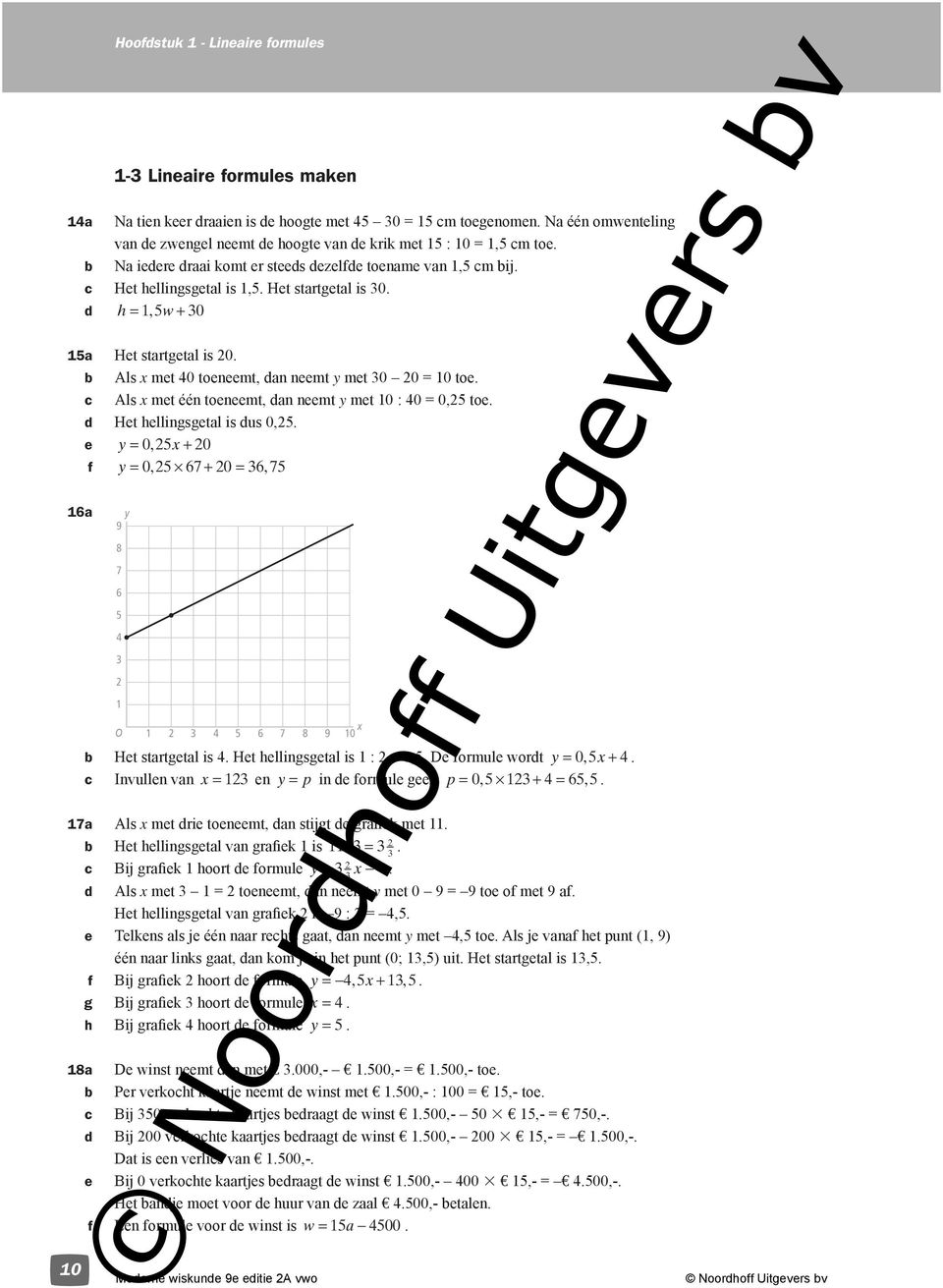 Als x met één toeneemt, dan neemt y met : =,5 toe. d Het hellingsgetal is dus,5. e y= 5, x+ f y = 5, 7+ = 375, a y 9 7 5 3 O 3 5 7 9 x Het startgetal is. Het hellingsgetal is : =,5.