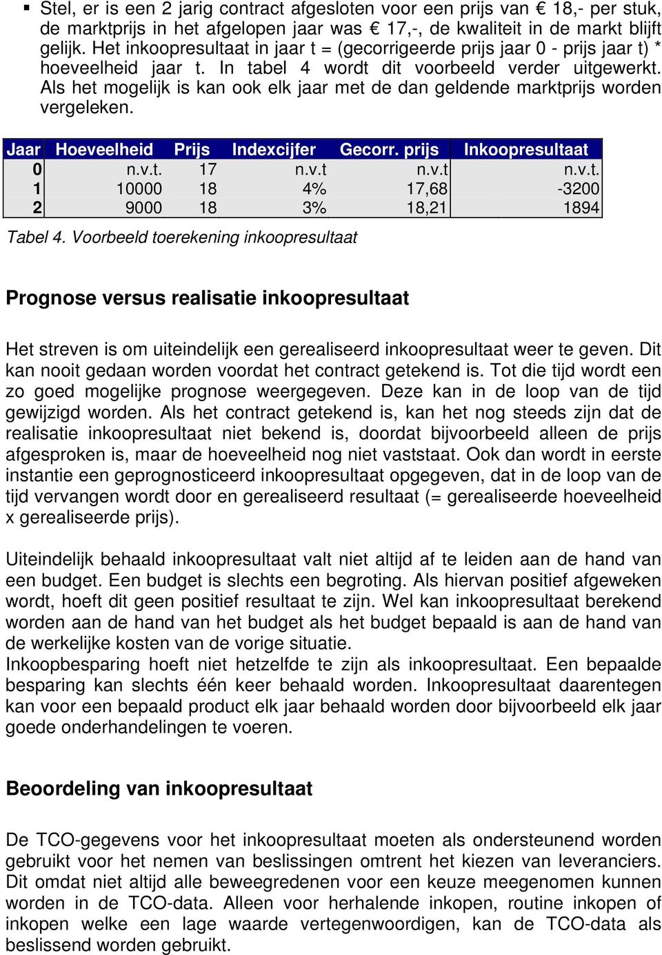 Als het mogelijk is kan ook elk jaar met de dan geldende marktprijs worden vergeleken. Jaar Hoeveelheid Prijs Indexcijfer Gecorr. prijs Inkoopresultaat 0 n.v.t. 17 n.v.t n.v.t n.v.t. 1 10000 18 4% 17,68-3200 2 9000 18 3% 18,21 1894 Tabel 4.