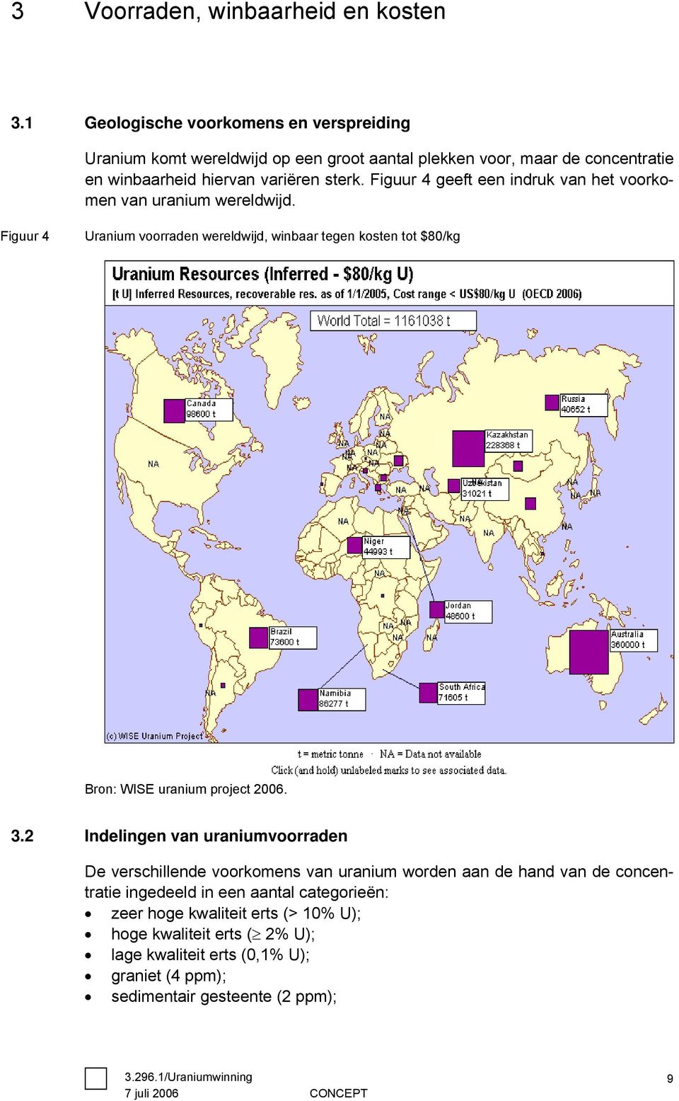 Figuur 4 geeft een indruk van het voorkomen van uranium wereldwijd. Figuur 4 Uranium voorraden wereldwijd, winbaar tegen kosten tot $80/kg Bron: WISE uranium project 2006.