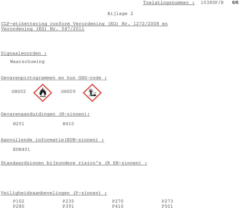 Gevarenaanduidingen (H-zinnen): H251 H410 Aanvullende informatie(euh-zinnen) : EUH401