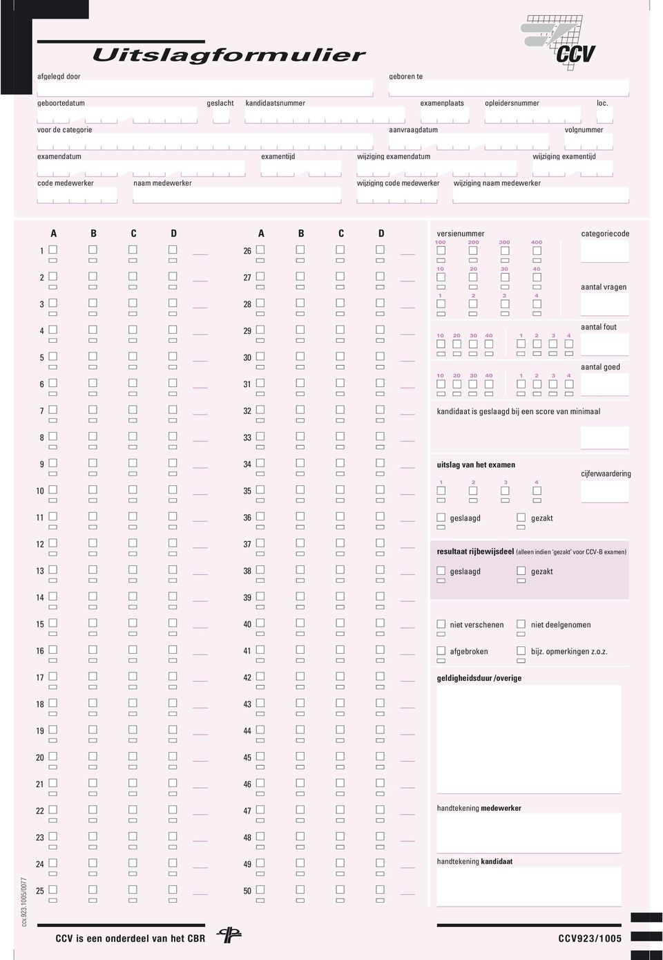 C D A B C D versienummer categoriecode 100 200 300 400 26 2 3 27 28 10 20 30 40 aantal vragen 4 29 10 20 30 40 aantal fout 5 6 30 31 10 20 30 40 aantal goed 7 32 kandidaat is bij een score van